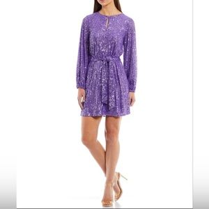 LDT, Purple1 Irma Sequin Crew Keyhole Neck Long Sleeve Tie Waist DressPurple